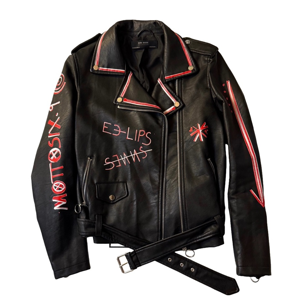 ZARA BLACK FAUX LEATHER GRAFFITI JACKET